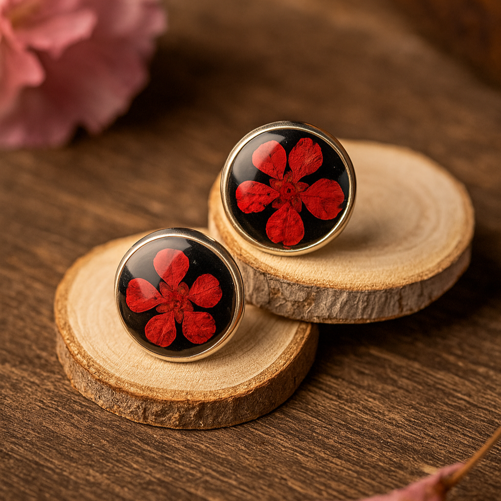 Handmade resin earrings with real red hydrangea flowers on a wooden base – Resin Artistry